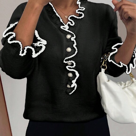 Black Casual Women's V-Neck Pearl Button Sweater Pullover - Picture 1 of 4